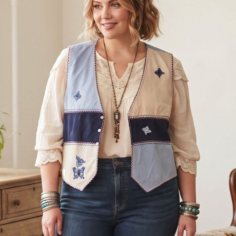 Vintage Two Twenty Womens 2XL Butterfly Patchwork Embroidered Button Vest